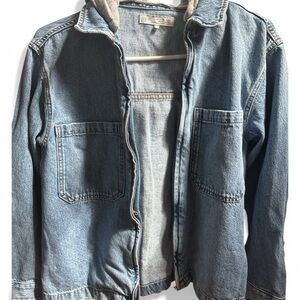 Zara Light Blue Denim Jacket with Gray Hood
